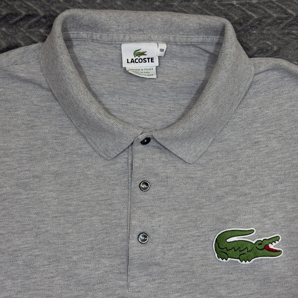Lacoste Polo Shirt Men 10R Gray Collared Short Sleeve Big Embroidery Boxy Fit - Picture 2 of 11